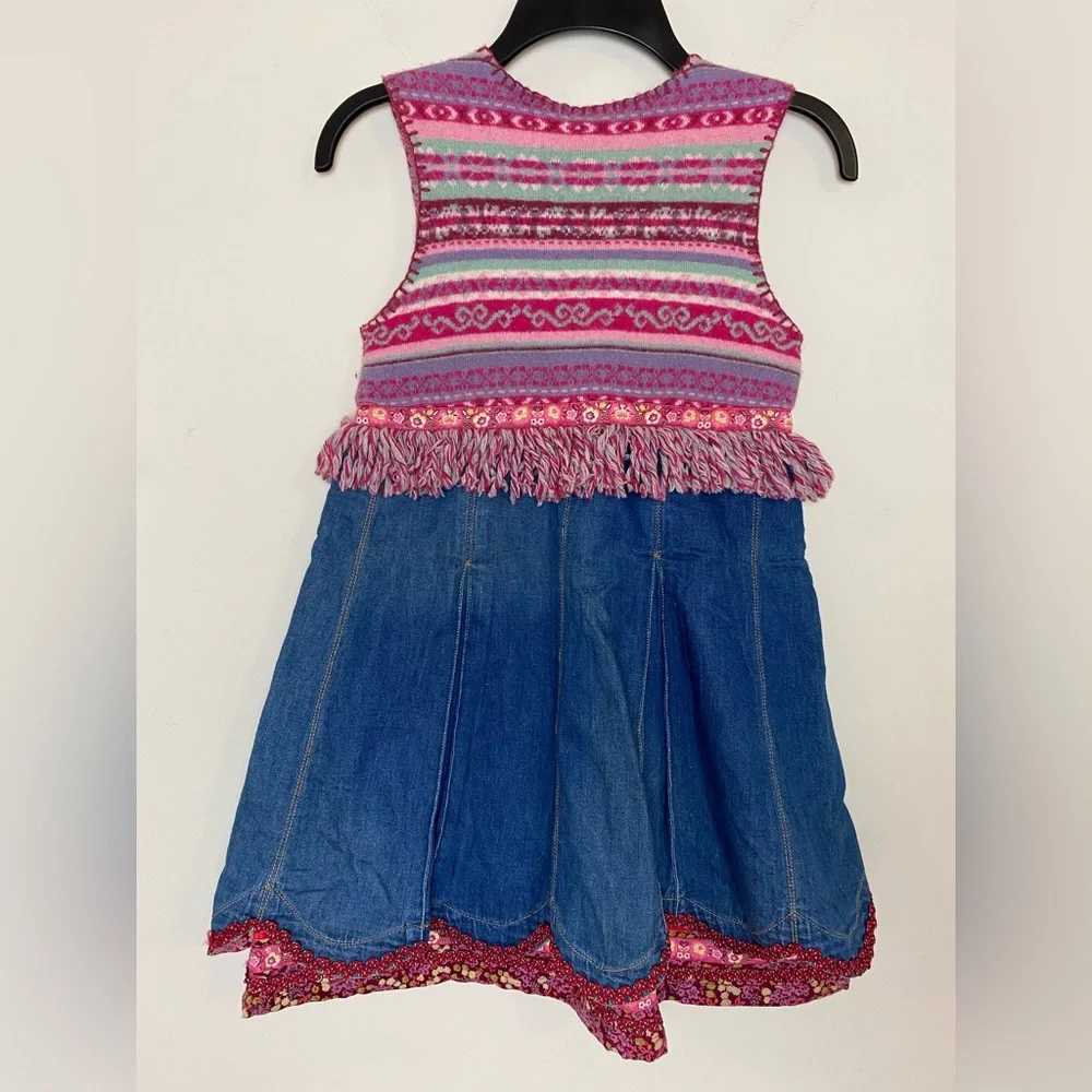 Oilily Girls Boho Dress Fair Isle Sweater Denim Floral Fringe Size 116 (US Sz 6)
